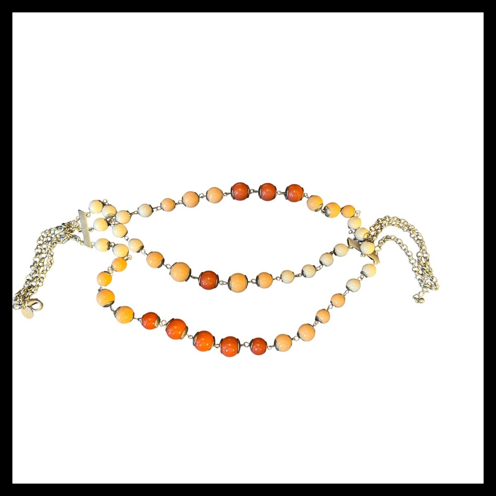 Lia Sophia Beaded Necklace Multi Strand Orange Beige Gold Tone Tassel Accent